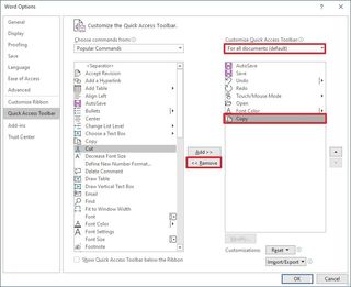 Quick Access Toolbar remove items settings