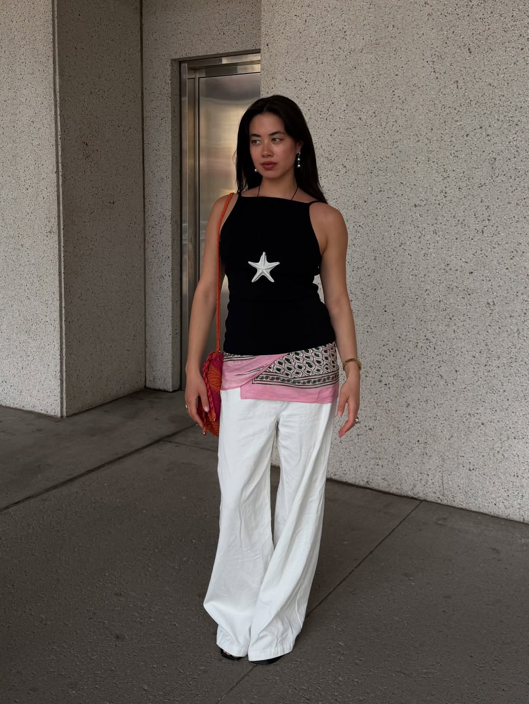 Sasha wearing silk scarf belt