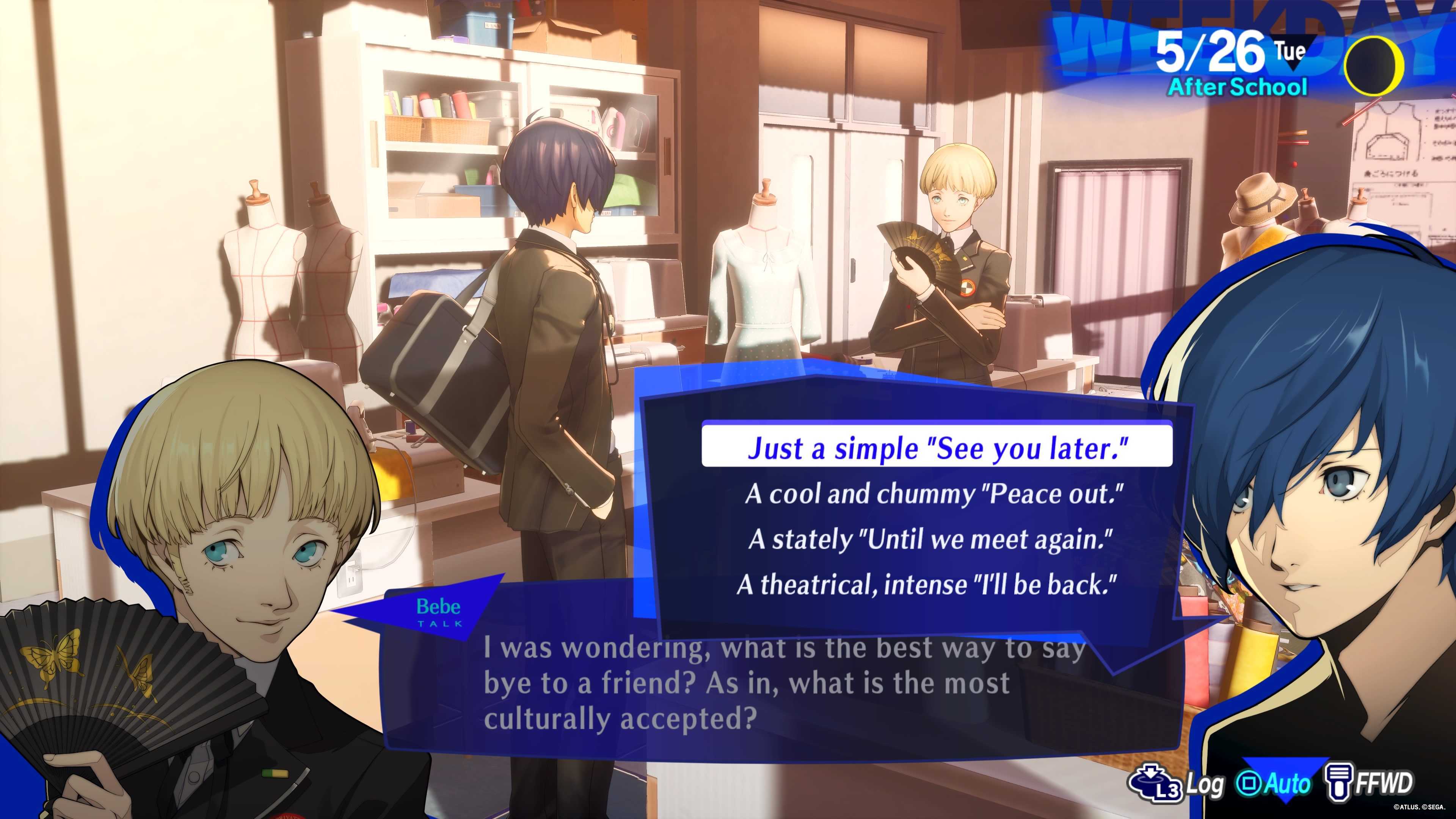 The protagonist speaking to Bebe in a social link in Persona 3 Reload.