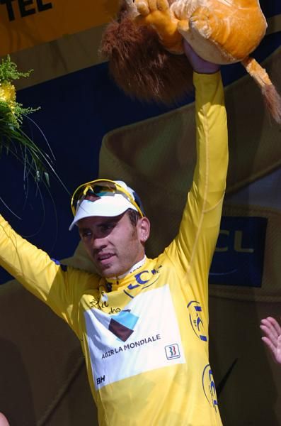 Rinaldo Nocentini celebrates another day in yellow.