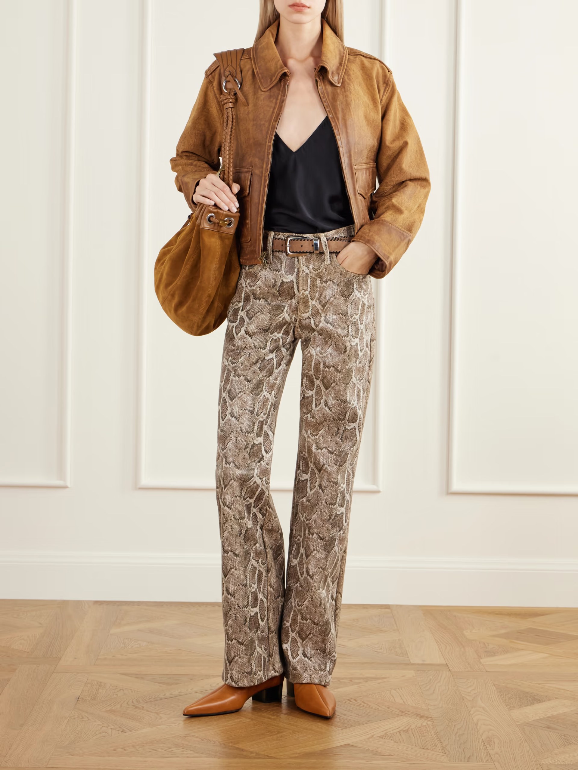 MOTHER, The Maven Sneak Coated Snake-Effect Leather-Blend Wide-Leg Pants