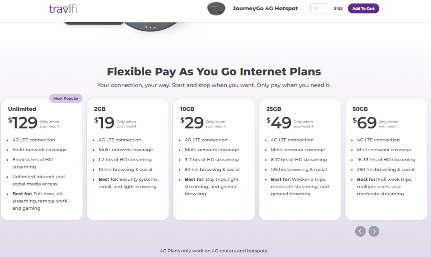 TravlFI JourneyGo 4G service plans comparison.