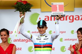 Michal Kwiatkowski with the award for most combative rider on stage 12.