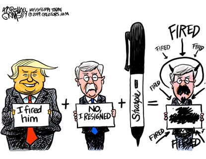 Political Cartoon U.S. Trump John Bolton fired sharpie