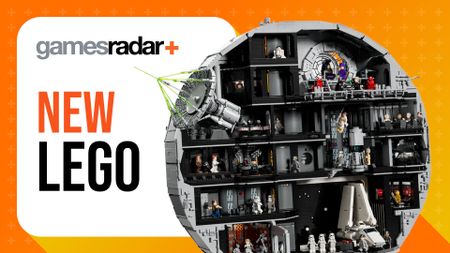GamesRadar+ logo and 'new Lego' text on a white and orange background, with a Lego Death Star set beside it