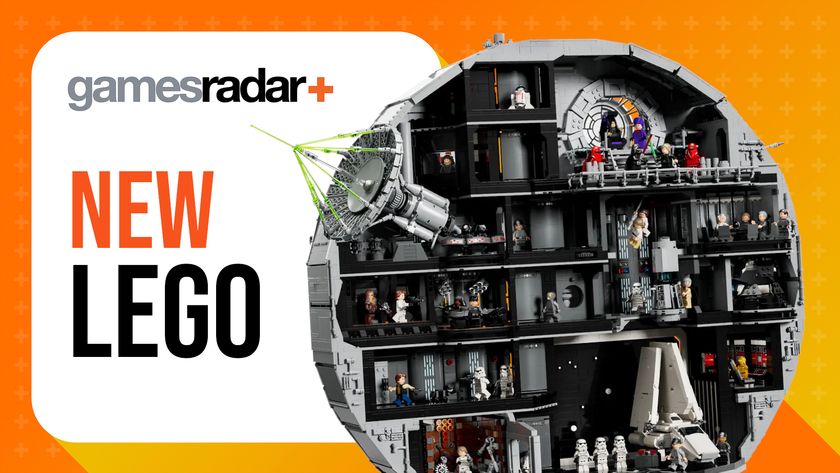 GamesRadar+ logo and &#039;new Lego&#039; text on a white and orange background, with a Lego Death Star set beside it