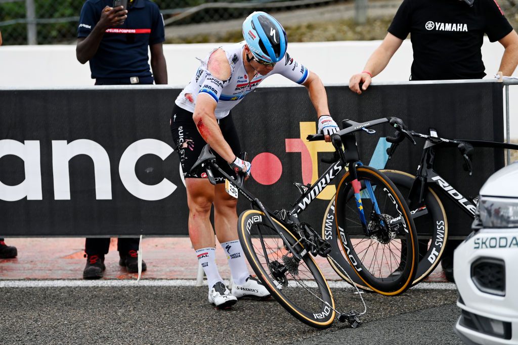 NOGARO FRANCE JULY 04 Fabio Jakobsen of The Netherlands and Team Soudal Quick Step crosses the finish line injured after being involved in a crash during the stage four of the 110th Tour de France 2023 a 1818km stage from Dax to Nogaro UCIWT on July 04 2023 in Nogaro France Photo by Tim de WaeleGetty Images