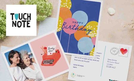 touch note logo top left with example of cards from touch note