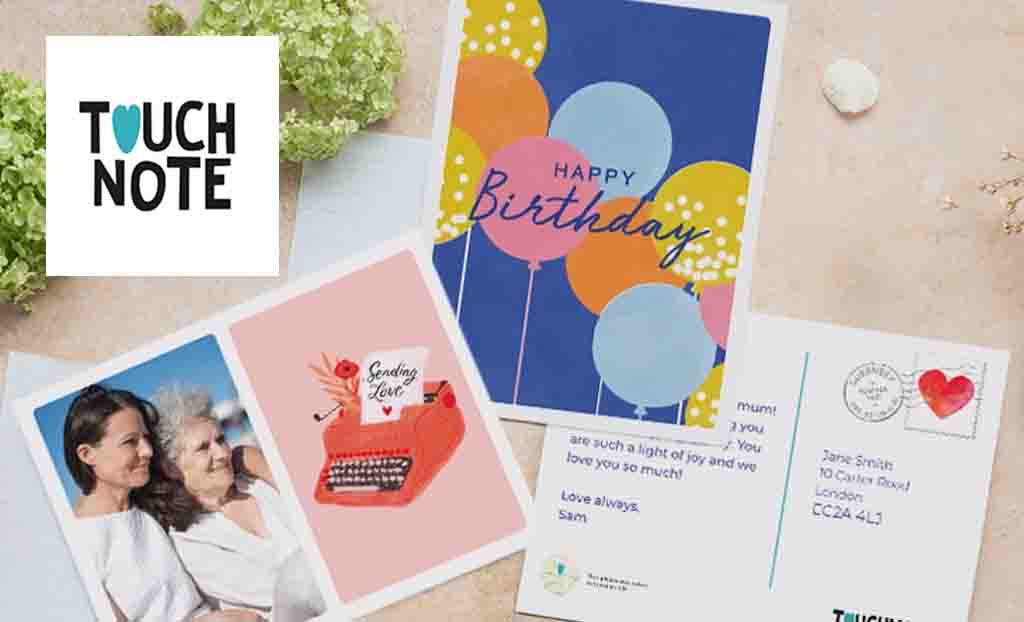 touch note logo top left with example of cards from touch note