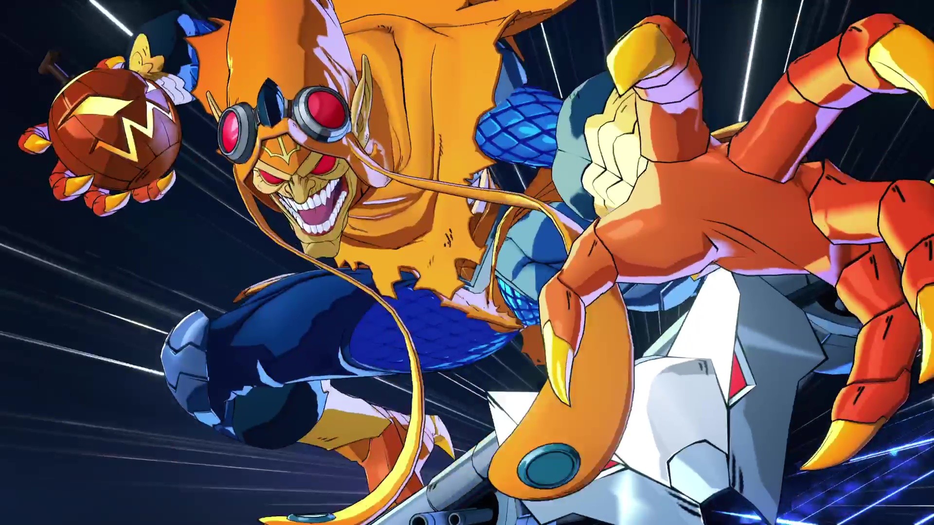 Green Goblin, in orange colors like Hobgoblin, poses in Marvel Tokon: Fighting Souls while flying on his glider, holding a pumpkin-shapped bomb