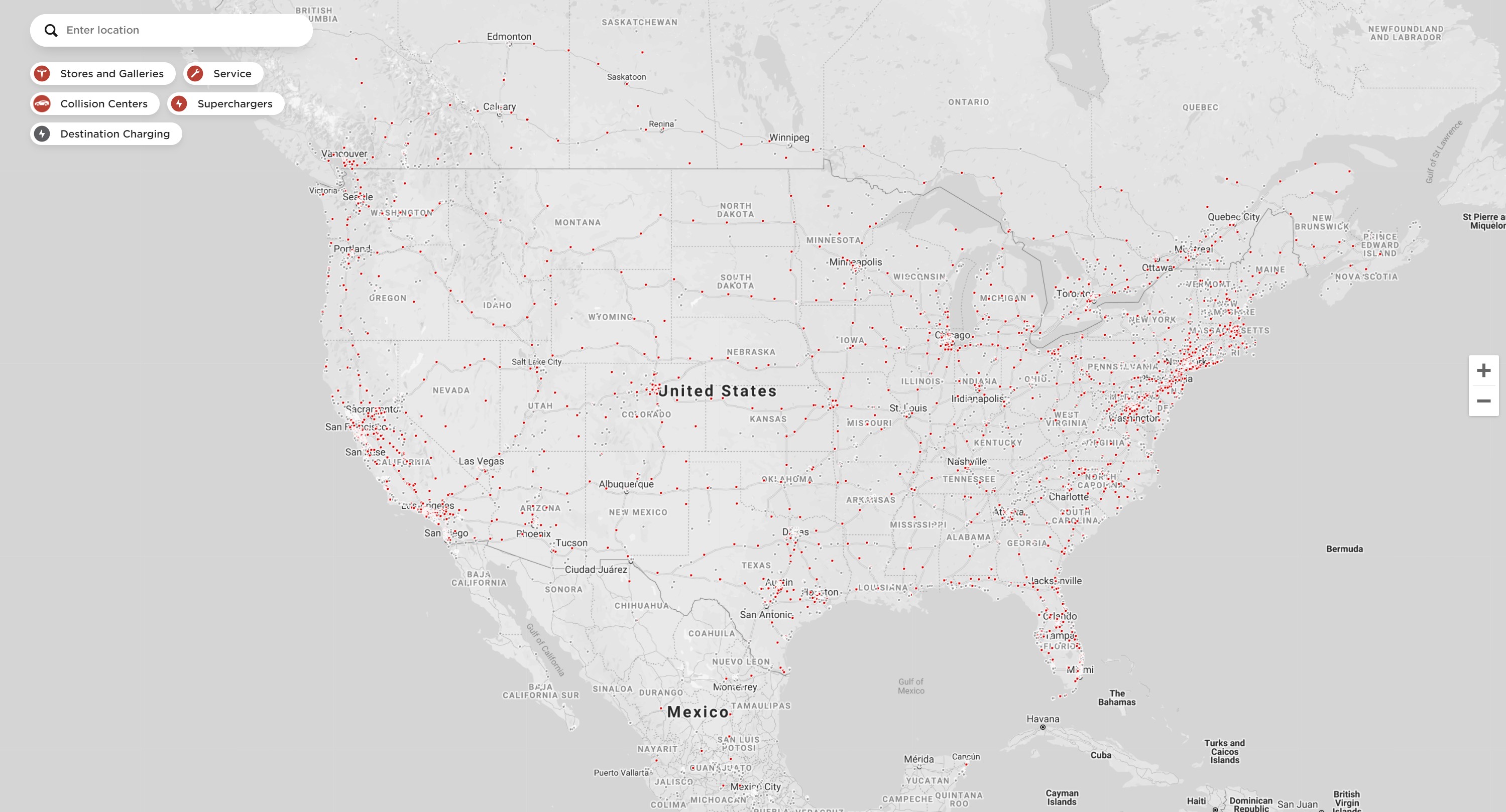 Tesla Supercharger карта Соединенных Штатов