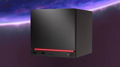 Steam Machine with full red LED light and SteamOS space theme in backdrop.