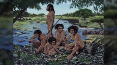 An illustration showing ancient human relatives making hand axes out of obsidian more than 1.2 million years ago in what is now Ethiopia.