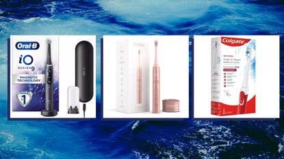 Three of the best electric toothbrushes, including Oral-B and Colgate, on dark blue sea background