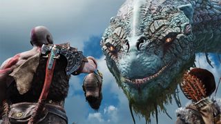 Kratos y Atreus hablando con una serpiente gigante God Of War