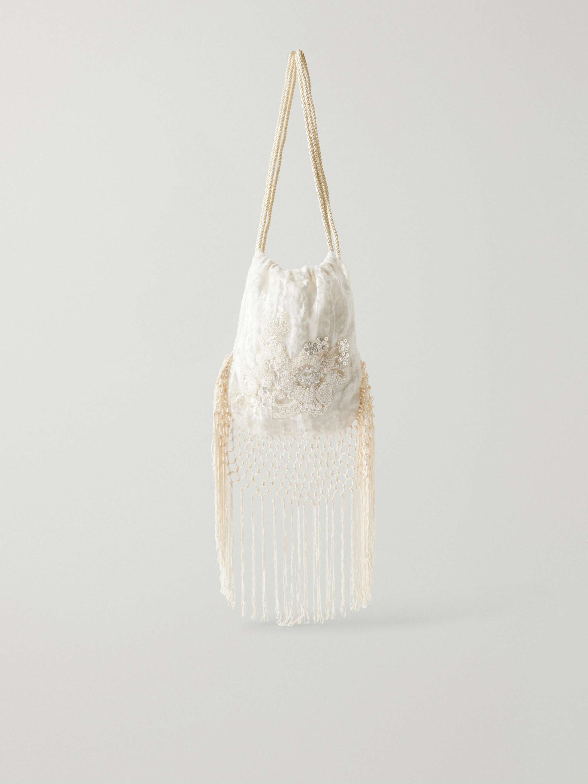 Bead-Embellished Fringe-Trimmed Velvet Shoulder Bag
