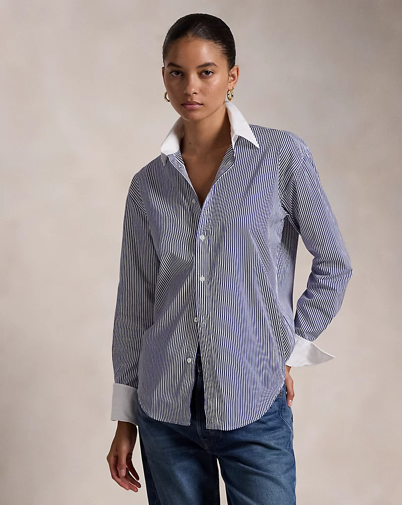 Extended Cuff Striped Cotton Shirt