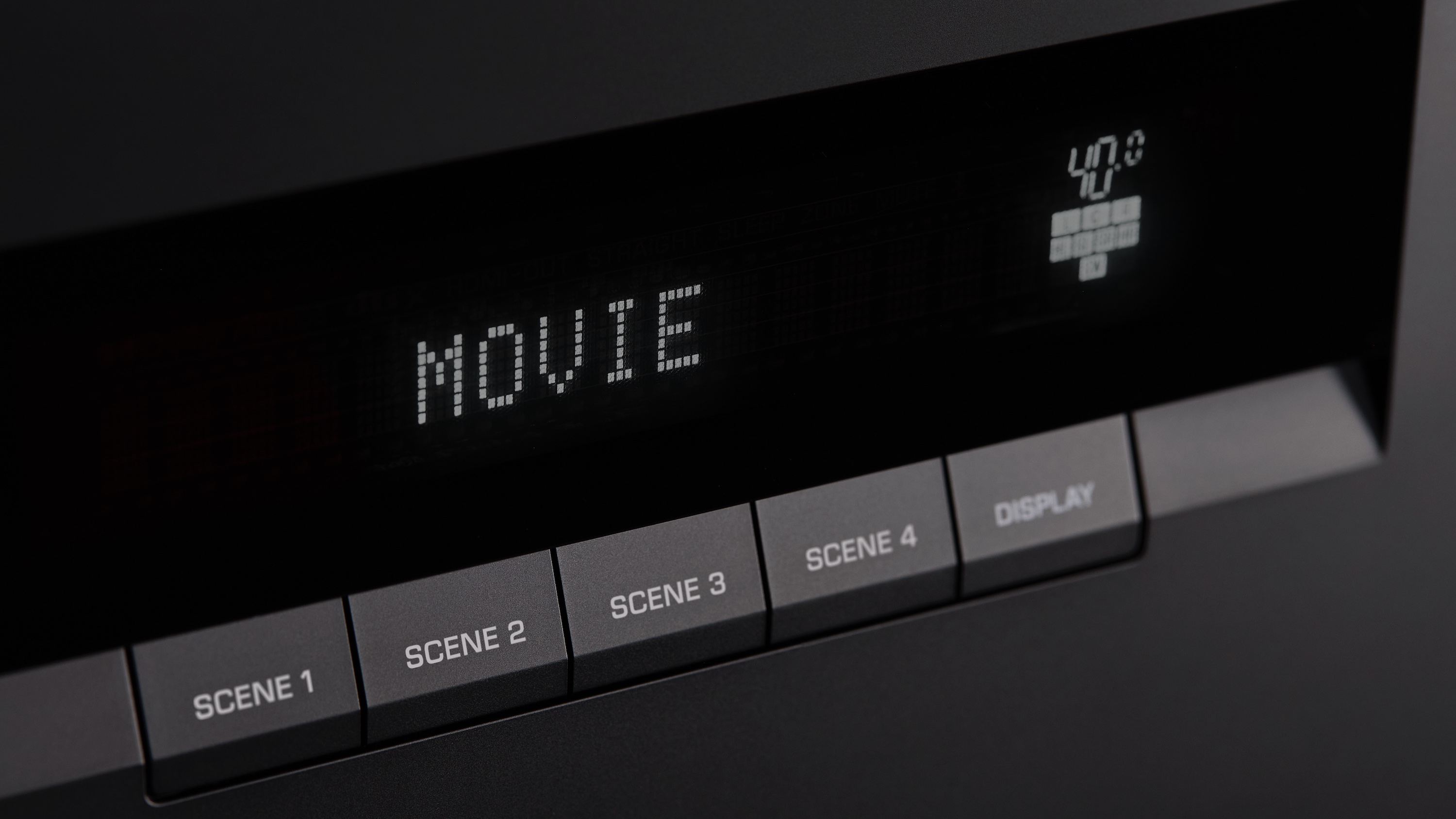 The screen of the Yamaha RX500A AV receiver displaying text reading 'Movie'.