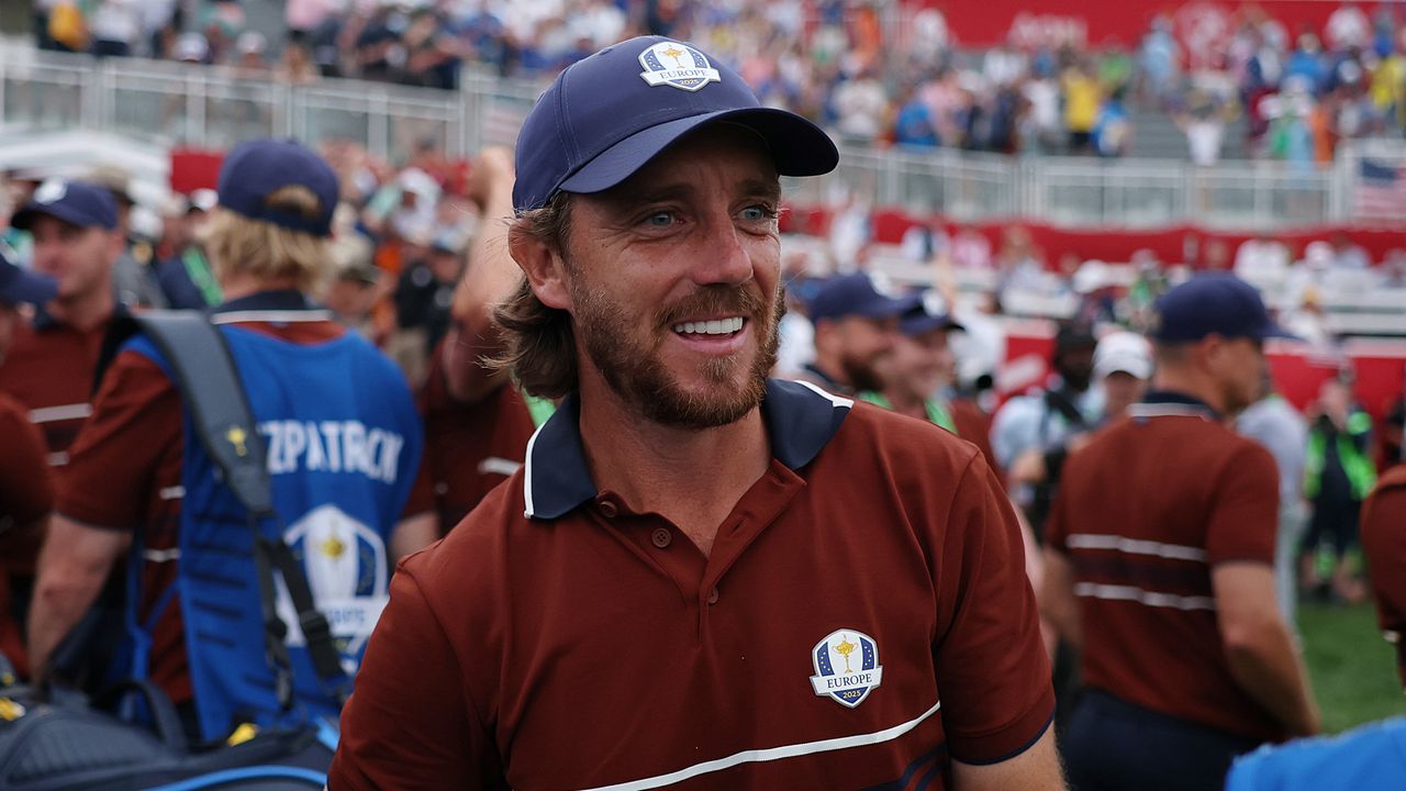 Tommy Fleetwood smiles during day two of the 2025 Ryder Cup