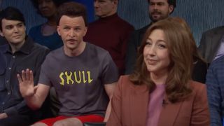 Mikey Day as Butt-Head looking at Heidi Gardner who is laughing very hard on SNL.