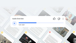 Google provided image of Audio Overview feature from NotebookLM with google slides and docs in the background