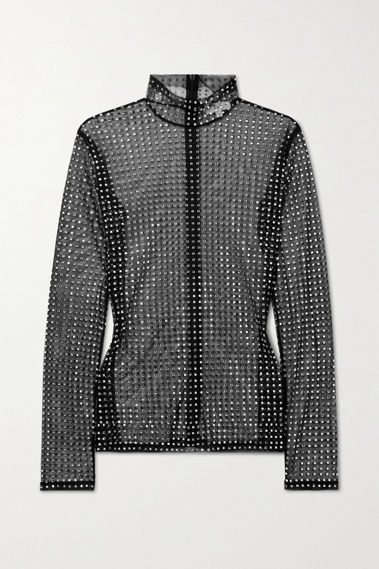 James Crystal-Embellished Mesh Turtleneck Top