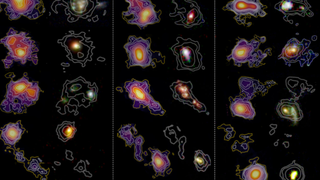 A family portrait of galaxies from the CRISTAL survey. Red shows cold gas traced by ALMA’s [CII] observations. Blue and green represent starlight captured by the Hubble and James Webb Space Telescopes