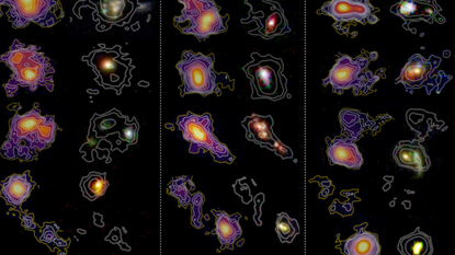 A family portrait of galaxies from the CRISTAL survey. Red shows cold gas traced by ALMA&rsquo;s [CII] observations. Blue and green represent starlight captured by the Hubble and James Webb Space Telescopes