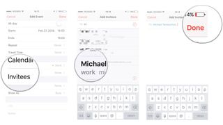 Share an event in Calendar on iPhone and iPad by showing: tap invitees, then tap email addresses, then tap done
