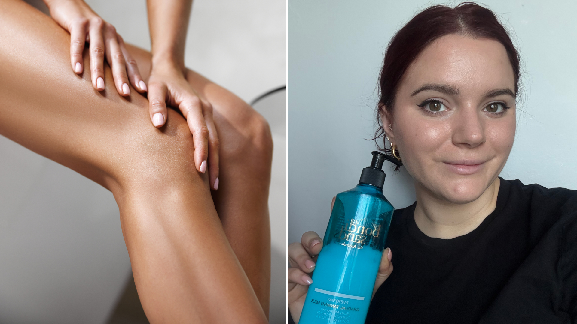 split image of woman's tanned legs and brooke knappenberger marie claire associate commerce editor holding up bottle of bondi sands gradual tanning milk