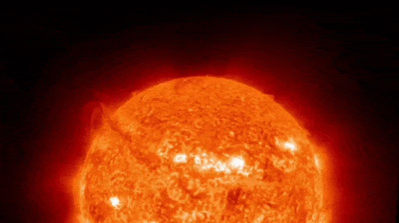 Looped video footage of a large plasma plume shooting out of the sun