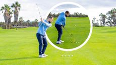 James Jankowski at the top of the backswing and an inset image of James at impact, highlighting the correct sequencing in the golf swing