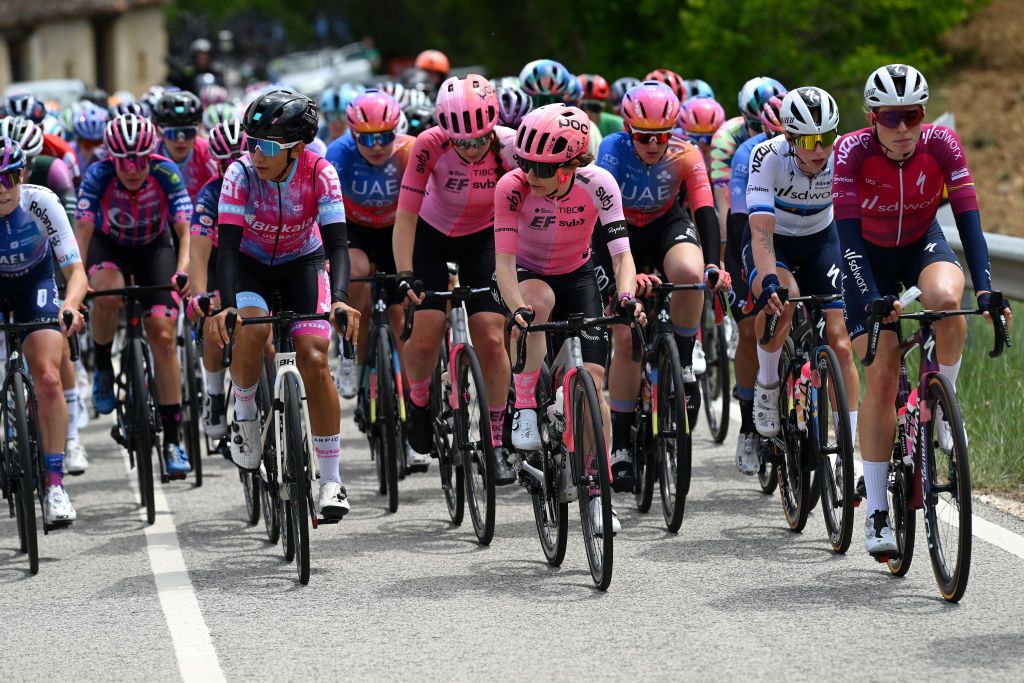 MEDINA DE POMAR SPAIN MAY 18 LR Kathrin Hammes of Germany and Team EF EducationTibco Lorena Wiebes of The Netherlands and Team SD Worx and Demi Vollering of The Netherlands and Team SD Worx Pink UCI Womens WorldTour Leader Jersey compete during the 8th Vuelta a Burgos Feminas 2023 Stage 1 a 1156km stage from Quintanaortuo to Medina de Pomar UCIWWT on May 18 2023 in Medina de Pomar Spain Photo by Dario BelingheriGetty Images