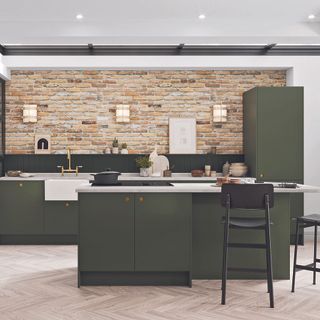 kitchen with brick walls and dark cabinets