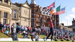Stewart Hagestad hits a tee shot during the 2023 Walker Cup at St Andrews