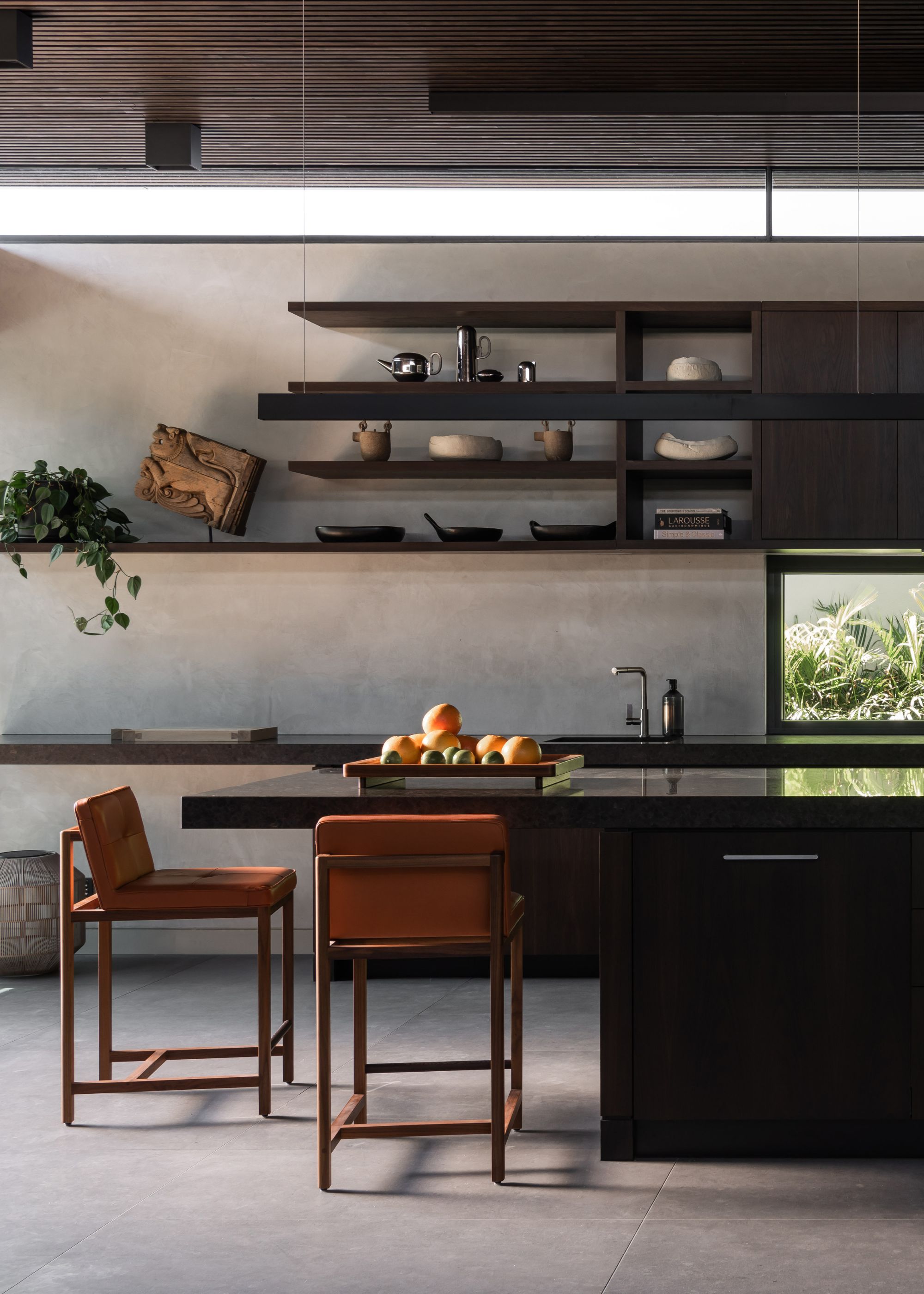 A potted trailing houseplant on a kitchen shelf