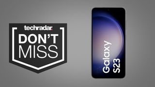 Samsung Galaxy S23 phone on a grey TechRadar deals background