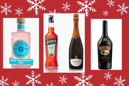 Cyber Monday alcohol deals: savings on Malfy Con Pink Grapefruit gin, Aperol and Cinzano prosecco and Baileys/ In a red template with white snowflakes