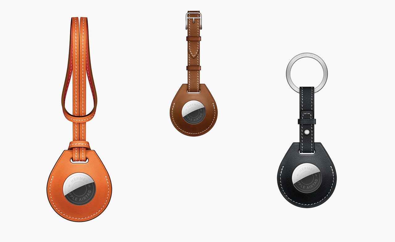 A collection of Hermes AirTags acessories charms for Apple in different colourways