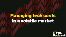 The yellow words "Managing tech costs" and white words "in a volatile market" against an abstract red graph to represent rising energy costs. In the bottom right, the ITPro Podcast logo is shown.