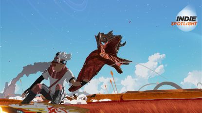 Star Overdrive screenshot showing protagonist Bios who has wide hair surfing across a desert plain as a sandworm peruses him - the Indie Spotlight logo is at the top right corner