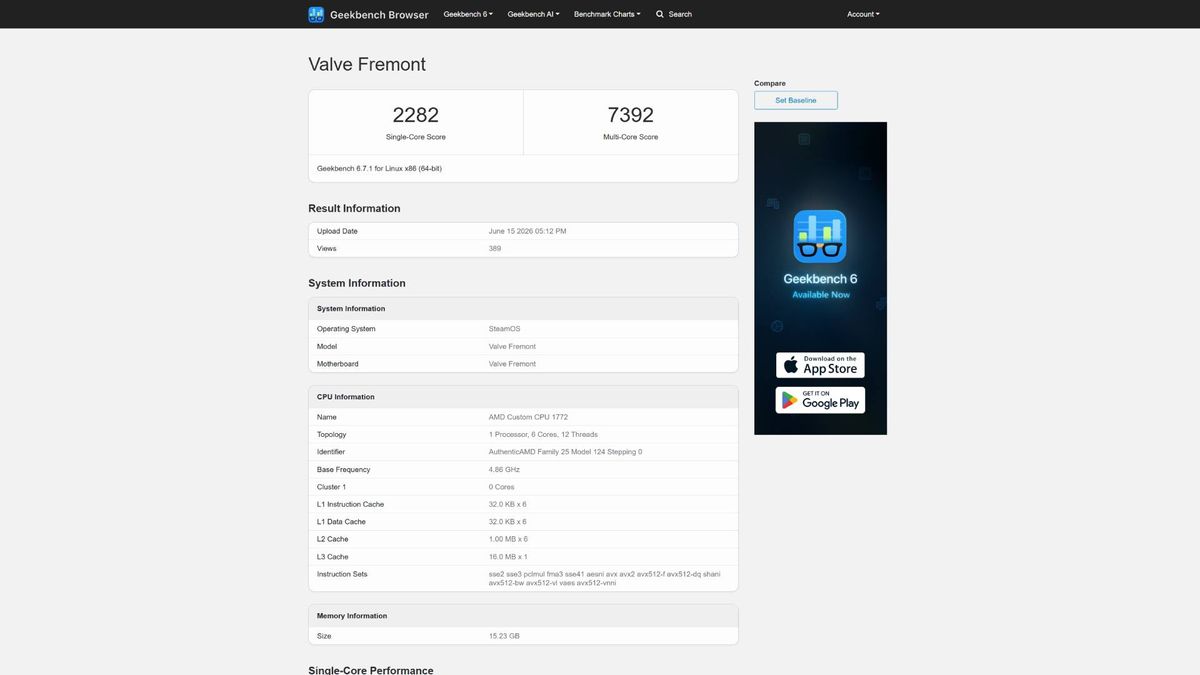 Geekbench screenshots of "Valve Fremont" Steam Machine scores and chipset specs.