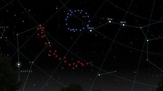 A view of the sky with one dotted blue circle toward the top center and a dotted red art to the middle left.