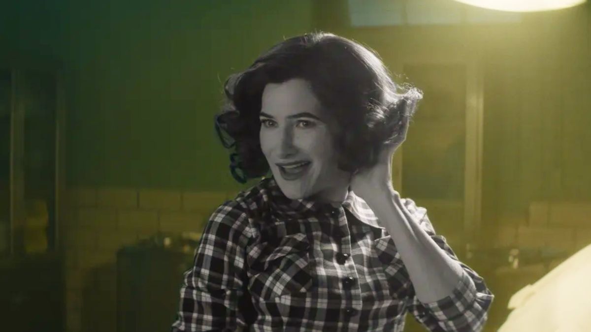 A monochrome Agatha Harkness (Kathryn Hahn) as seen in the &quot;Agatha All Along&quot; trailer