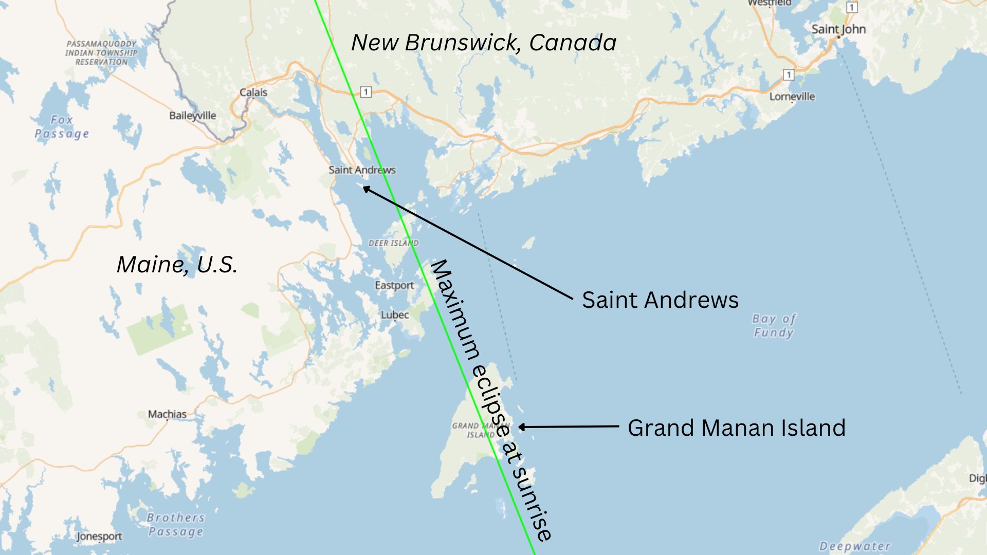 Map showing where the partial solar eclipse is visible across Canada.