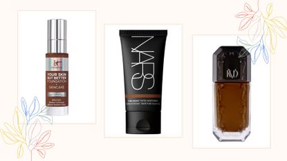 A comp image of some of the best foundations for acne-prone skin including IT Cosmetics, NARS and KVD Beauty