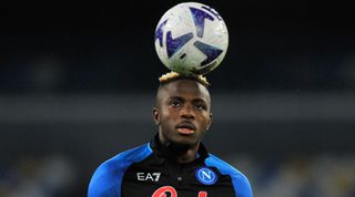 Napoli striker Victor Osimhen controls the ball with his head during the warm-up before the Serie A match between Napoli and Empoli on 8 November, 2022 at the Stadio Diego Armando Mardona, Naples, Italy