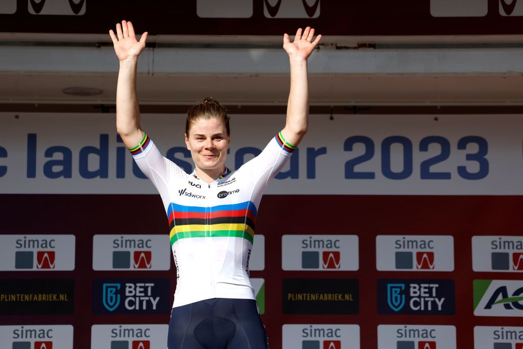 VALKENBURG NETHERLANDS SEPTEMBER 09 Lotte Kopecky of Belgium and Team SD Worx celebrates at podium as stage winner during the 25th Simac Ladies Tour 2023 Stage 4 a 1316km stage from Valkenburg to Valkenburg UCIWWT on September 09 2023 in Valkenburg Netherlands Photo by Bas CzerwinskiGetty Images