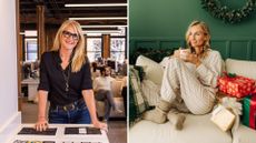 A composite image with Mel Robbins on the left and a woman relaxing on the sofa surrounded by Christmas presents on the right