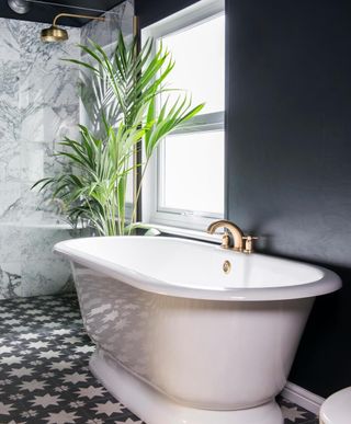 bathroom with tiles on wall and plant with shower